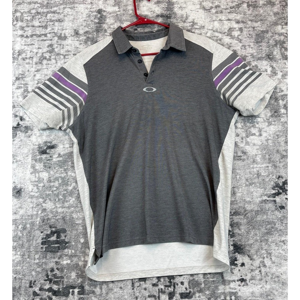 Vtg Oakley Men L Polo Shirt Gray Purple Stripe Golf Preppy Athletic Athleisure